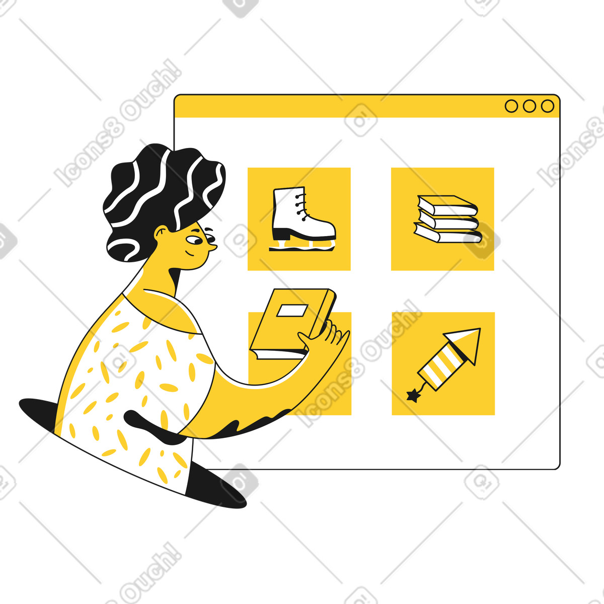 Donna che acquista libri online illustrazione in stile Taxi scarica in PNG, SVG