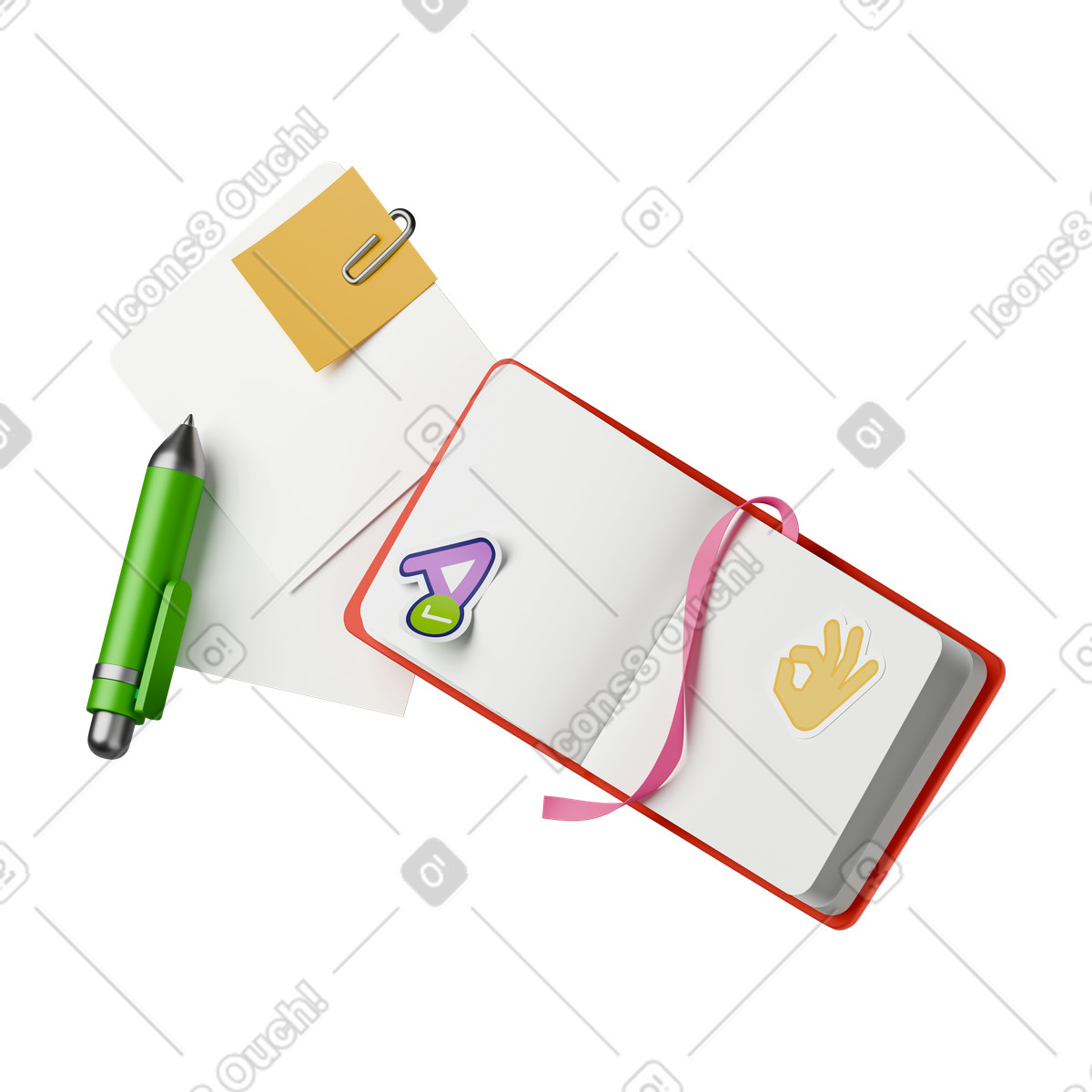 Isometric view of notebook with stickers pen and notes illustration in 3D Stickle style download in PNG, SVG