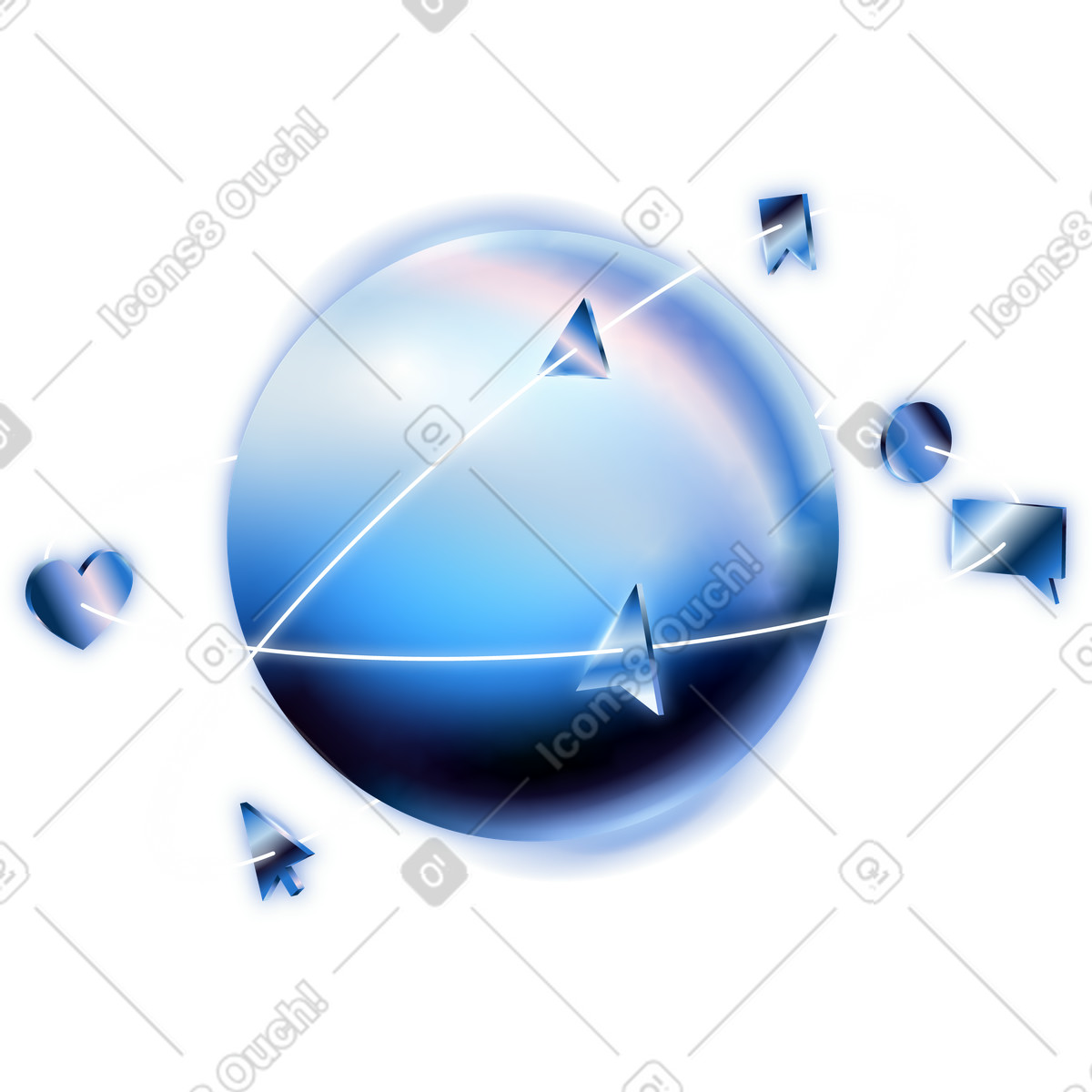 Illustration Planète avec icônes en orbite dans le style Dimension à télécharger aux formats PNG, SVG