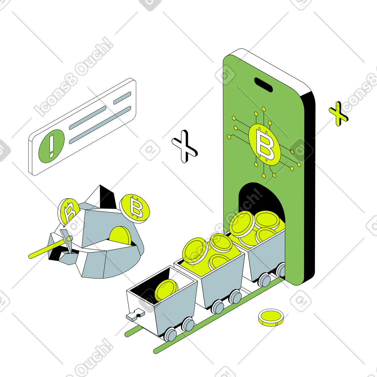 Mining equipment and trolley with bitcoins, Cryptocurrency investment and digital finance illustration in PNG, SVG