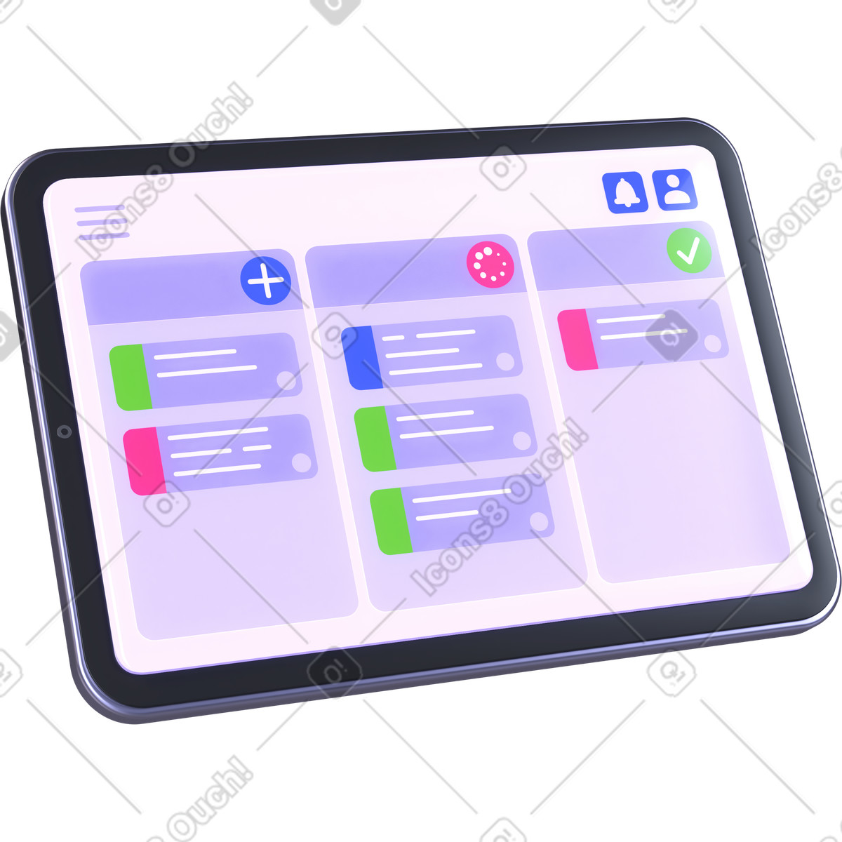 Illustration Application de gestion des tâches, interface tableau kanban, bord productivité dans le style 3D Boost à télécharger aux formats PNG, SVG