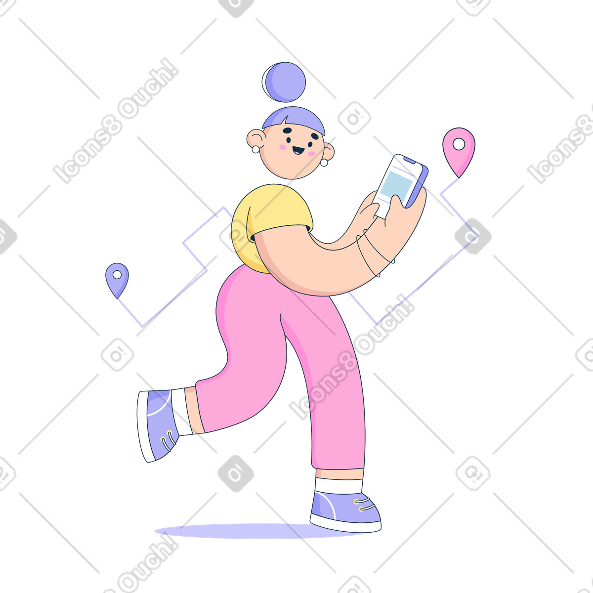 Иллюстрация Женщина с телефоном следует за gps-навигатором в стиле Bubble gum — скачать в форматах PNG, SVG