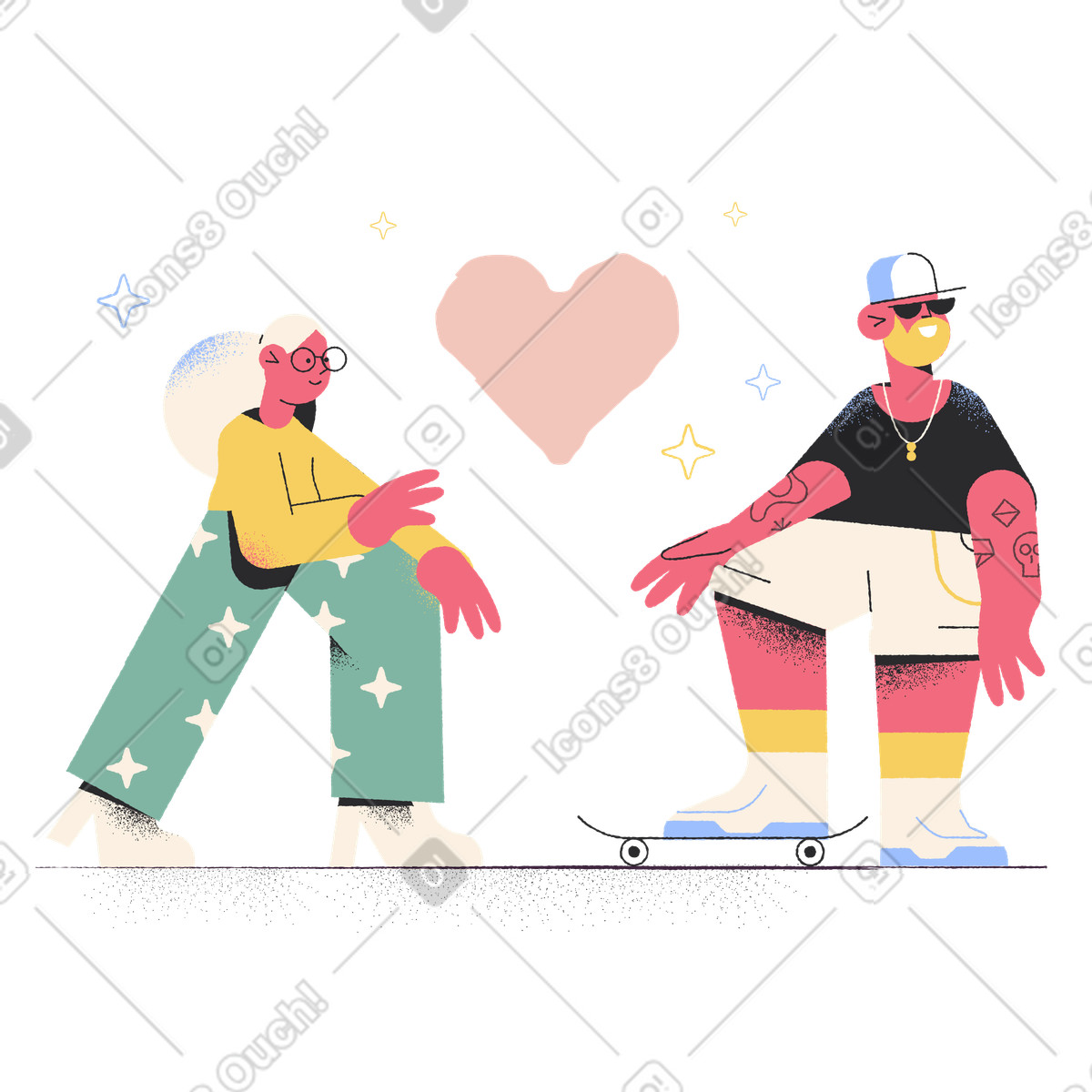 Romantic relationship between stylish skater and woman in glasses illustration Pablo style download PNG, SVG