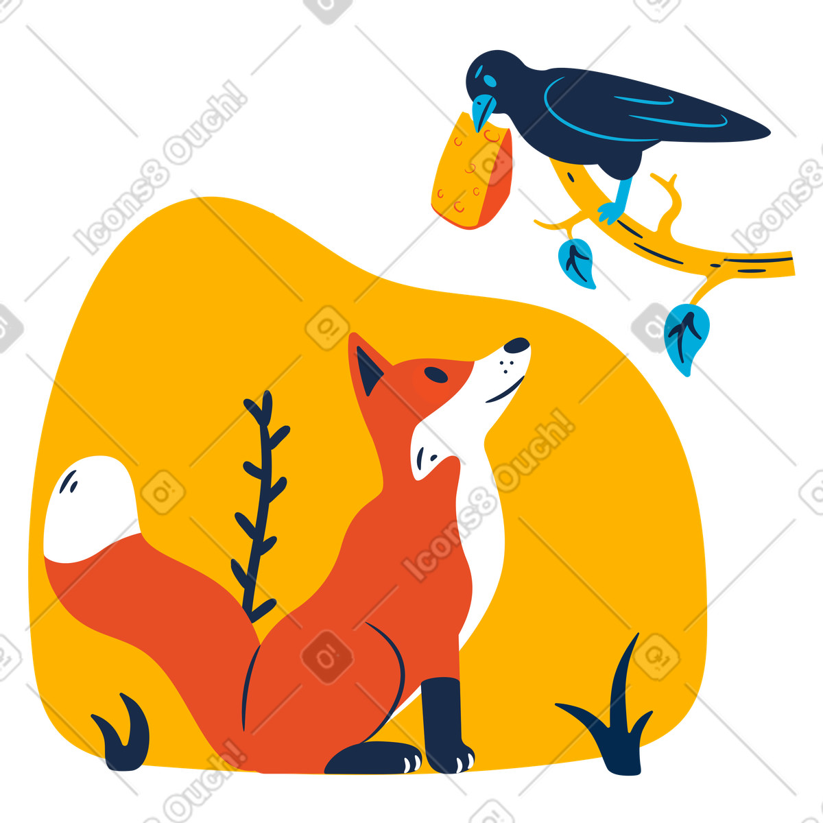 Fox waiting for a cheese from crow illustration in PNG, SVG