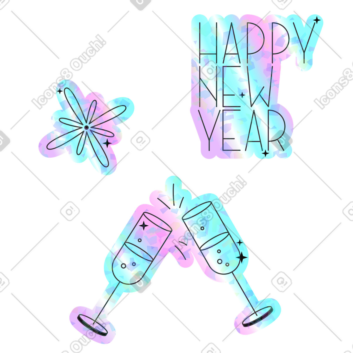 Snowflake and clinking champagne glasses illustration in Holostickers style download in PNG, SVG