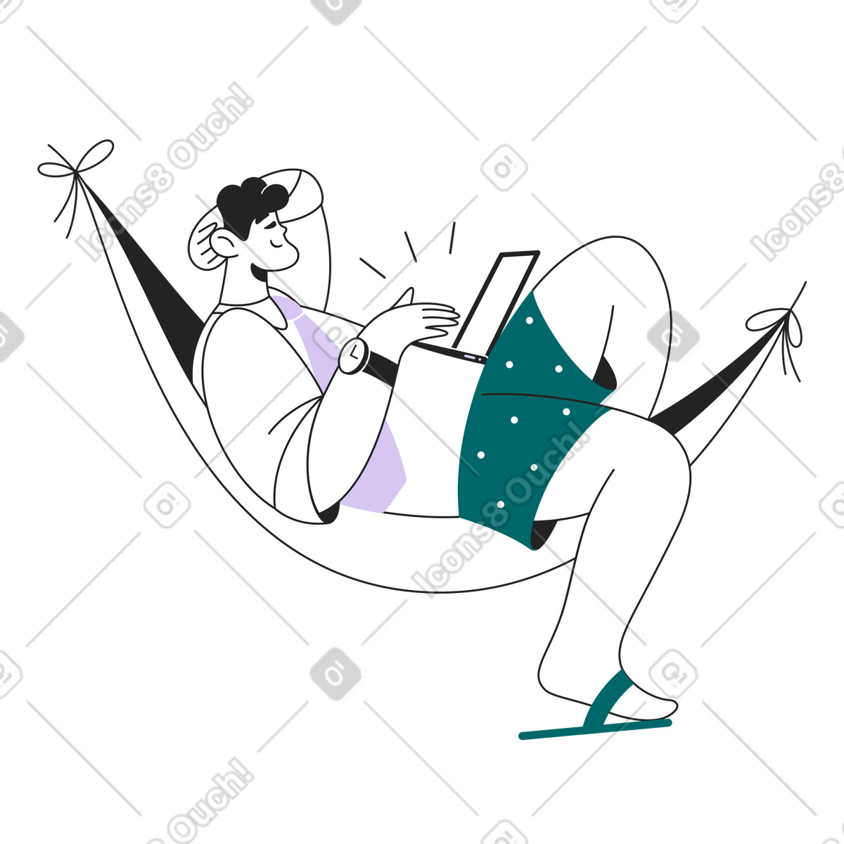 Иллюстрация Freelancer working on laptop in hammock, Remote work flexibility в стиле Sammy Line — скачать в форматах PNG, SVG