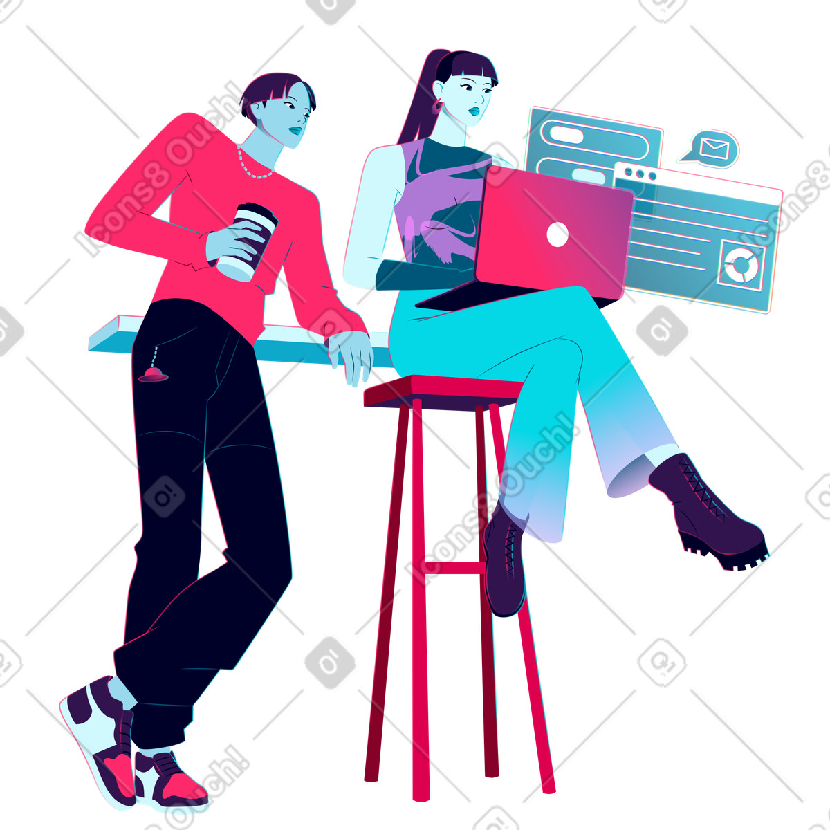 Creative teamwork and productivity, Project management workflow animierte Illustration im Neon-Stil als Download in GIF, Lottie (JSON), AE