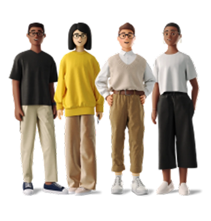 Four diverse characters in casual clothing - 3D Business style illustration