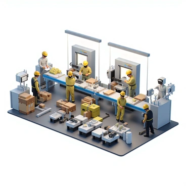 A factory assembly line is filled with various machines and equipment designed for production. Multiple workers are engaged in their tasks, wearing safety goggles and uniforms. One worker is operating a machine, while another is placing items onto the conveyor belt. The assembly line is lined with different goods being assembled, showcasing a variety of products in various stages of completion. Bright overhead lights illuminate the scene, creating a vibrant atmosphere of productivity and teamwork. Tools and materials are organized neatly around the workspace, contributing to an efficient workflow.