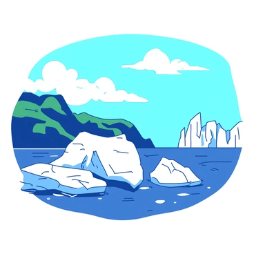 Large white icebergs drift along the rocky coastline of Newfoundland. The icebergs have jagged edges, and some show deep blue hues within the ice. In the background, the coastline is rugged with patches of green vegetation. Above, there is a bright blue sky filled with a few fluffy white clouds, creating a vivid contrast to the icy scene below. The ocean water is calm, reflecting the blue of the sky, and small waves lap gently against the shore.