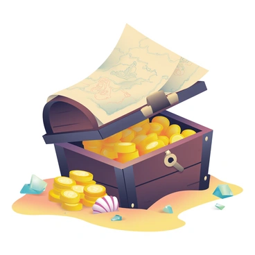A pirate treasure chest, made of worn, dark wood, is partially buried in golden sand. The chest is slightly ajar, revealing a cascade of shiny gold coins spilling out onto the sand. The coins gleam under the sunlight, reflecting a warm glow. On top of the chest, there is an old parchment map, with intricate drawings and markings, hinting at hidden treasures. Surrounding the chest are small scattered seashells and a few pieces of broken glass glinting in the light. The scene is filled with a sense of adventure and discovery.