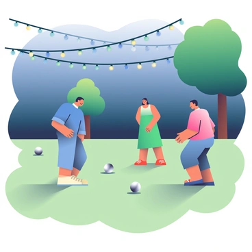 A petanque game is taking place on a grassy field during the evening. Players, two men and a woman, are focused on their game, with one man wearing a blue shirt and the other in a red shirt, while the woman wears a green sundress. The shiny metallic boules are scattered across the ground. Above them, twinkling fairy lights are strung between trees, casting a soft glow over the scene. The sky is darkening with deep blue tones, and shadows from the players stretch across the grass, enhancing the evening ambiance.