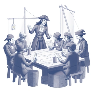 A group of pirates gathered around a wooden table on a ship. Captain Hook stands at the head of the table, wearing his distinctive hat and a coat with intricate details. His facial expression shows determination and cunning as he gestures animatedly. The crew members, consisting of a variety of quirky characters, lean in closely to listen. Some are holding maps, while others clutch bottles or cutlasses. The ship's interior is filled with ropes, barrels, and lanterns, adding to the atmosphere of a bustling pirate ship. In the background, there might be a window revealing the ocean, hinting at their adventurous lives at sea.