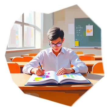 An adult seated in a classroom, looking uncertain as they open a language textbook