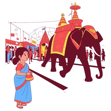 A red traditional Indian girl wearing a vibrant blue saree is standing at the side of a bustling road, captivated by a grand parade featuring an elegantly decorated elephant. The elephant, adorned with intricate patterns and colorful embellishments, walks majestically by, its large ears flapping gently. In the background, there are crowds of people, some waving flags and others taking photographs, creating a lively atmosphere. The girl holds a small traditional pouch in her hands, her eyes wide with delight as she observes the festivities around her.