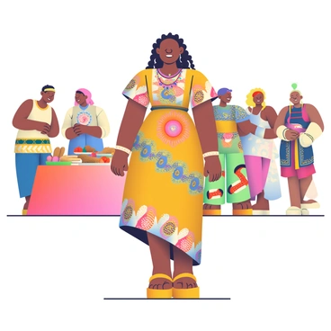An African woman with dark skin and braided hair is standing outdoors, smiling widely as she invites her friends to celebrate a seasonal festival. She is wearing a brightly colored traditional dress adorned with intricate patterns and beads. Surrounding her are several friends, all dressed in vibrant festival attire, engaging in animated conversations. In the background, there are large, decorated tables filled with an assortment of traditional foods, such as colorful stews, bread, and fruits. Nearby, a group of dancers is performing traditional dances, showcasing colorful costumes and rhythmic movements. The atmosphere is lively and festive, filled with joy and celebration.