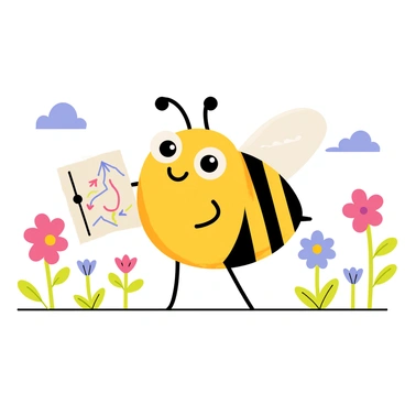 A quirky bee with oversized round eyes and a big smile is holding a tiny, colorful map in its small, delicate legs. The bee has a plump yellow body with black stripes and small wings that shimmer in the sunlight. Surrounding the bee are vibrant flowers in various colors, such as pink, purple, and blue, hinting at its next pollen collection spots. The map is adorned with doodles and arrows, showing the bee's planned route through the garden filled with blooming flowers. A few whimsical clouds are in the sky, creating a cheerful atmosphere for the bee's adventure.