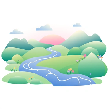 A landscape features rolling hills and flowing rivers shaped like neuronal forms. The hills are textured with soft gradients, creating a sense of depth and continuity. The rivers weave through the landscape, their paths resembling the intricate connections of neurons. In the foreground, patches of grass are interspersed with small wildflowers, adding vibrant pops of color. The sky above transitions from soft blue to gentle pink, suggesting a sunrise or sunset, and fluffy clouds drift lazily across the horizon.