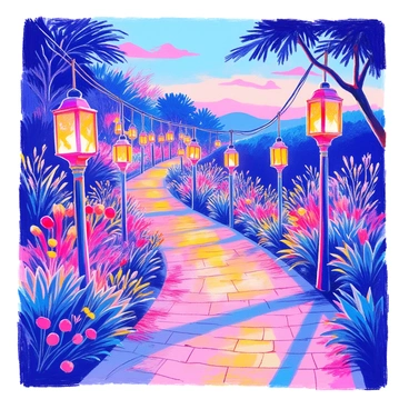 A path is lined with numerous lanterns, each flickering gently in the evening breeze. The lanterns emit a warm glow, illuminating the surrounding area with soft light. The path itself is made of cobblestones, winding through a lush garden filled with various plants and flowers. The sky is transitioning to twilight, with deepening shades of blue. Shadows are cast by the lanterns, creating a tranquil atmosphere along the winding route. 