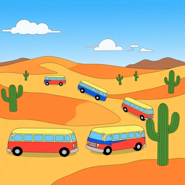 A long caravan of brightly colored buses in various shades of red, blue, and yellow is traveling across a vibrant desert landscape. The desert is filled with rolling sand dunes in shades of orange and yellow. Tall green cacti of different shapes and sizes dot the scenery, some with long arms stretching upward and others appearing more rounded. The sky above is a vivid blue with fluffy white clouds lazily floating by, casting shadows on the sandy ground. The buses are in motion, creating a lively scene against the colorful backdrop of the desert.