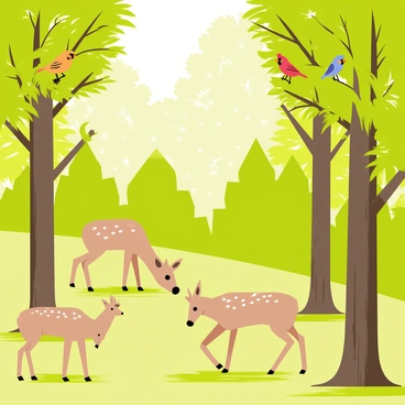 A forest scene with tall green trees and dense foliage. Several deer with light brown fur and white spots are grazing on the grassy ground. Colorful birds are perched on the branches of the trees, with a variety of species shown, including a red cardinal and a blue jay. Sunlight filters through the leaves, casting dappled shadows on the forest floor.