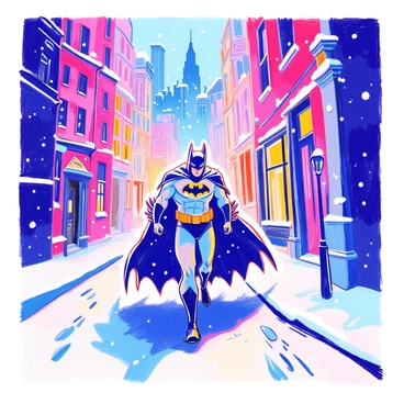 Batman is walking through a snowy Gotham City. His dark, iconic costume contrasts sharply with the white snow covering the ground. Snowflakes are softly falling around him, creating a wintry atmosphere. The silhouette of tall, gothic buildings looms in the background, partially obscured by the falling snow. The air looks crisp and cold, and Batman’s cape flutters slightly with the wind as he moves forward. The street is quiet, with a few scattered footprints leading away into the distance.