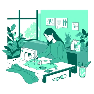A teal fashion designer is working diligently at a white table in a bright, eco-friendly studio. The designer is surrounded by various recycled materials, including colorful fabric scraps and plastic bottles. Sunlight streams through large windows, illuminating the workspace filled with green plants and design sketches pinned to the walls. The designer is holding a piece of vibrant fabric, looking inspired as they envision a new clothing creation. Scattered around are sewing tools and a sewing machine, adding to the creative atmosphere of the studio.