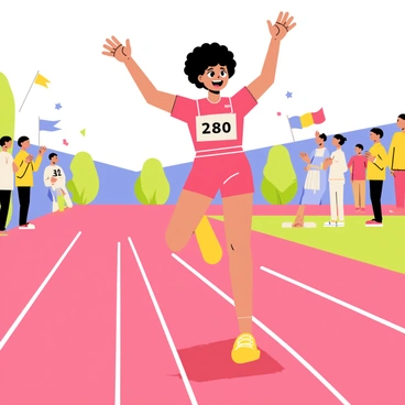 A female athlete with curly dark hair is crossing the finish line of a track race. She is wearing a bright red racing uniform with a number on her chest. Her face shows a strong expression of determination and joy as she raises her arms in celebration. The track is marked with white lines, and a cheering crowd can be seen in the background. Colorful banners and flags are waving, adding to the atmosphere of excitement.