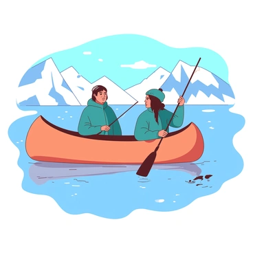 An orange canoe is floating gently on the water, with two Inuit fishermen seated inside. The first fisherman, wearing a teal parka, is holding a fishing pole, his eyes focused intently on the water. The second fisherman, wearing a matching teal hat, is casting a line into the water with a look of concentration. Surrounding the canoe, the calm water reflects the soft light of the day. In the background, there are snow-covered mountains under a clear blue sky.