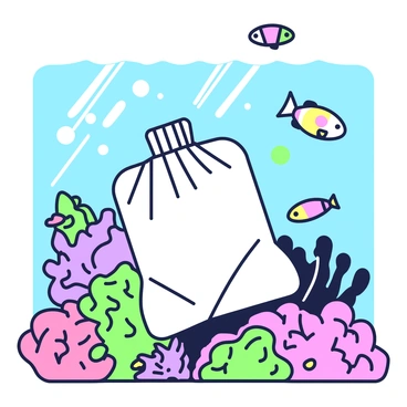 A plastic bag is floating underwater, partially submerged in the water column. The bag is clear and crinkled, swaying gently with the currents. Surrounding it is a vibrant coral reef made up of various types of coral in intricate shapes. Colorful fish dart around, showcasing a variety of sizes and patterns. Some fish are small and brightly colored, while others are larger and more subdued. Sunlight filters down from the surface, casting dappled light on the scene and illuminating the details of the coral and fish.