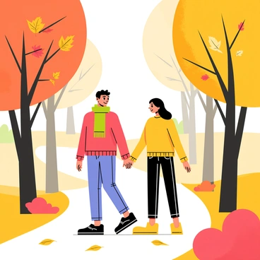 A couple walking hand in hand down a scenic forest trail. The trail is lined with trees showcasing vibrant orange, yellow, and red autumn leaves. Soft sunlight filters through the branches, casting dappled light on the ground. The couple is dressed in cozy sweaters, with one partner wearing a green scarf. They are smiling and looking at each other as they walk, surrounded by fallen leaves scattered along the path.