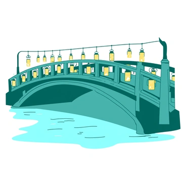 A bridge adorned with glowing lanterns, each one flickering with small flames