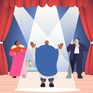 A theater stage is set with rich, dark curtains in the background. Several actors are performing passionately under bright, white spotlights that illuminate their dramatic expressions and costumes. One actor, wearing a deep blue cloak, stands center stage with arms outstretched, conveying intense emotion. Another actor, dressed in a vibrant red dress, is positioned to the left, gazing intently at the audience. To the right, a third actor in a sleek black suit is delivering lines with strong gestures. The wooden floor of the stage reflects the light from the spotlights, enhancing the focal point of the performance. In the background, a small, ornate set design adds depth to the scene.