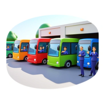 A morning scene depicting multiple buses exiting a garage. The buses are painted in various vibrant colors and are lined up as they pull out of the garage doors. Drivers in uniforms are visible, each standing at the bus doors, smiling and waving at one another. Sunlight is casting shadows on the ground, and a few trees are in the background, enhancing the busy atmosphere of the morning. The sky is clear, suggesting a bright, sunny day.