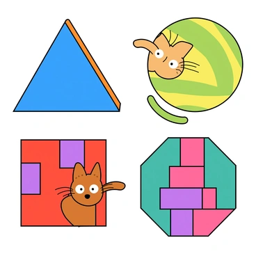 A group of four cats, each shaped like a different geometric pattern. The first cat is triangular, featuring vibrant blue shades with orange trim. The second cat is circular, adorned with bright yellow and green stripes. The third cat is square, showcasing a patchwork of red and purple squares. The last cat is hexagonal, illustrated with radiant pink and teal segments. Each cat has large, expressive eyes and playful expressions, positioned in a way that emphasizes their unique shapes and colors. They are placed against a simple background that allows their bright hues to stand out.