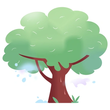 A large tree with lush green leaves is depicted, with numerous leaves arranged in a dense canopy. The leaves appear to have tiny faces, each showcasing different expressions. The leaves are slightly tilted towards each other, suggesting they are engaged in a conversation. Sunlight filters through the branches, creating dappled light patterns on the ground beneath the tree. Soft pastel colors envelop the scene, enhancing its gentle atmosphere.