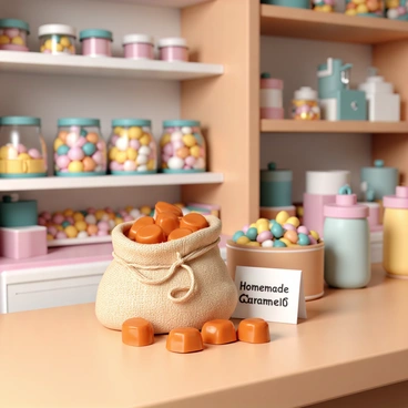 A small burlap sack, tied with a rustic twine, sits prominently on a polished wooden candy shop counter. The sack is slightly open, revealing an assortment of shiny, golden-brown homemade caramels spilling out, glistening in the soft shop lighting. Surrounding the sack are a variety of colorful candies displayed in glass jars, and behind the counter, shelves are filled with more sweet treats, creating a warm and inviting atmosphere. A small handwritten sign next to the sack reads "Homemade Caramels".