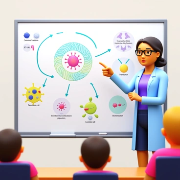 A teacher standing in front of a whiteboard filled with diagrams illustrating the mRNA vaccine mechanism. The teacher is pointing to a large diagram of the mRNA strand surrounded by colorful annotations. There are arrows indicating the process of translation and replication. Other diagrams show how the vaccine triggers an immune response, with labeled cells such as dendritic cells and T-cells. The teacher appears engaged and focused, wearing glasses and a lab coat. The classroom is well-lit, with a few students in the background observing the explanation.