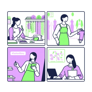 A narrative comic strip illustrating a day in the life of a fashion designer with the hashtag #FashionStory