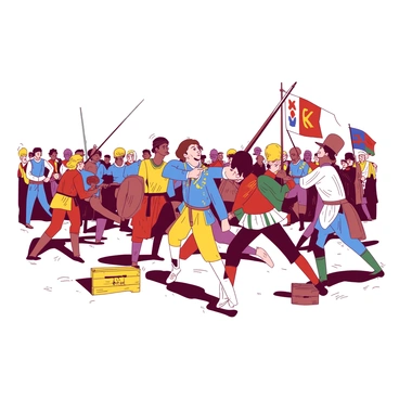 A group of actors dressed in vibrant period costumes is engaged in a battle scene during a historical reenactment event. The actors wear a mix of colorful uniforms and garments from a specific historical era, showcasing intricate details such as buttons, sashes, and accessories. Some actors are wielding wooden swords and shields, while others appear to be in dynamic poses, mimicking combat movements. The ground is scattered with props like wooden crates and flags displaying historical insignia. In the background, a small crowd of spectators watches intently, adding to the lively atmosphere of the scene.