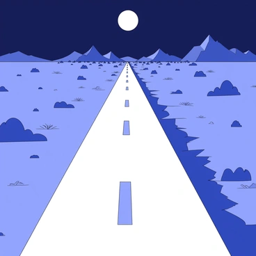 A long, empty road stretches out under a full moon. The road is lined with sparse vegetation, with shadows cast by the moonlight. In the distance, a broken horizon can be seen, featuring jagged silhouettes of hills or mountains. The scene is devoid of any vehicles or people, emphasizing the desolation. The moon hangs prominently in the night sky, illuminating the road and creating a stark contrast against the dark surroundings.