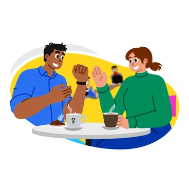Two friends sitting at a small round table in a brightly lit café. One friend has dark hair and wears a blue shirt, while the other has curly hair and is dressed in a green sweater. They both have steaming cups of coffee in front of them. The friend in blue is animatedly gesturing with one hand, while the other friend is leaning in with a big smile, listening intently. On the table, there are also stylish coffee mugs and a small plate with a few pastries. The atmosphere feels lively and cheerful, with other café patrons in the background.