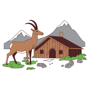 A brown ibex with large curved horns is standing on rocky terrain, its body slightly turned as it looks curiously toward a rustic mountain hut made of aged wood. The hut has a thatched roof and small windows, surrounded by patches of green grass and scattered stones. In the background, towering gray mountains rise, partially covered with snow at their peaks, creating a rugged natural setting. The ibex is positioned close to the hut, its ears perked up, as it investigates the area with interest.