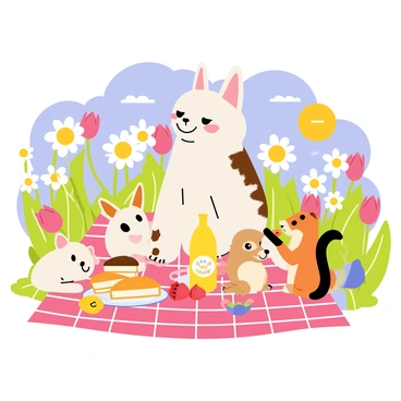 A cartoon-style illustration of a "katt" with fluffy fur, sitting on a red and white checkered blanket. The "katt" is surrounded by four other animal friends, including a small dog with brown spots, a rabbit with long ears, a cheerful squirrel holding an acorn, and a colorful bird perched on a nearby flower. In front of them is a picnic spread featuring a variety of treats, such as sandwiches, fruit, and a big bottle of lemonade. The background showcases a vibrant flower garden filled with "colorful" daisies, tulips, and sunflowers, creating a joyful atmosphere. The sun shines bright in a clear blue sky, adding to the cheerful scene.