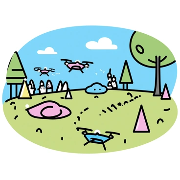 A vibrant park scene features multiple toy drones of various colors racing through an obstacle course. The drones are hovering and zipping around colorful inflatable cones and hoops placed throughout the grassy area. In the background, tall trees provide shade, and a few spectators observe the exciting race. The sky is clear blue, and the sun casts soft shadows on the ground. Each drone showcases distinct designs, with some having bright LED lights illuminating their bodies.