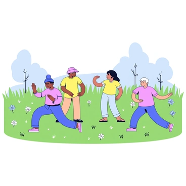 A group of four individuals practicing tai chi in a green meadow. The participants are dressed in light, loose-fitting clothing. They are in various poses, demonstrating the fluid movements of tai chi. The meadow is filled with tall grass and wildflowers, partially obscured by a gentle morning fog that creates a soft atmosphere. In the background, there are a few trees emerging from the mist, their silhouettes slightly blurred. The ground is covered in dew, adding a glistening effect to the grass.