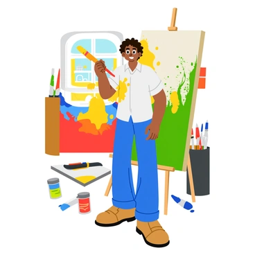 A young artist with curly hair stands in front of a large canvas. They are holding a paintbrush covered in bright yellow paint. The canvas is filled with vibrant splashes of color, including reds, blues, and greens. The artist wears a paint-splattered white shirt and has a determined expression. Paint tubes and brushes are scattered on the floor around them. The background is filled with hints of an art studio, including shelves with supplies and a window letting in warm sunlight.