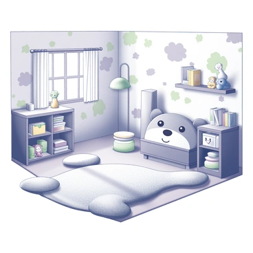 A children's room filled with playful decor. The walls are adorned with colorful wallpaper featuring various cartoon animals and trees. In the center of the room, there is a large rug shaped like a giant animal, resembling a friendly bear, with its paws spread out. Surrounding the rug, there are soft cushions in different shapes, including stars and clouds. A small bookshelf is filled with storybooks, and a stuffed toy collection is neatly arranged on a shelf. A window allows natural light to flood the space, illuminating the cheerful atmosphere.
