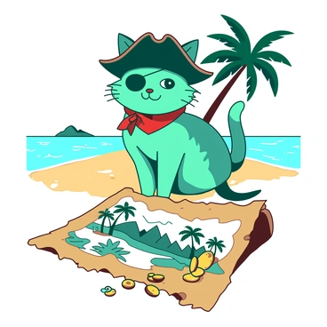 A teal lucky cat wearing a pirate hat stands proudly on a sandy beach of a treasure island. The cat has a small black eye patch over one eye and a red bandana tied around its neck. In front of the cat is a large, weathered treasure map partially unrolled on the ground. The map features various colorful drawings of palm trees and mountains. Scattered around the cat are gold coins and sparkling jewels, glinting in the sunlight, while a few palm trees can be seen swaying gently in the background.