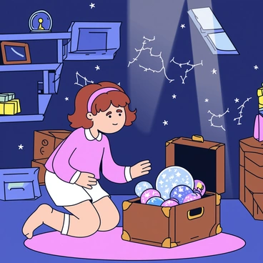 A young girl with wavy brown hair wearing a simple dress is exploring a dimly lit attic. She has a look of curiosity on her face as she kneels beside an old wooden trunk. The trunk is slightly open, revealing a collection of sparkling, magical trinkets inside, such as a small crystal globe, a shimmering locket, and colorful glass orbs. The attic is filled with cobwebs and dusty shelves stacked with various antiques, including books, worn-out toys, and framed pictures. Soft beams of light filter through a small window, illuminating the dust particles floating in the air.